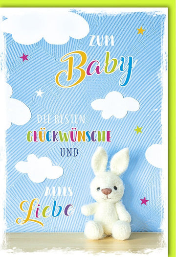Geburtskarte - Herzlichen Glückwunsch: Storch - Motiv mit Wolken & Kuscheltier, Perfekt für Babyparty & frischgebackene Eltern