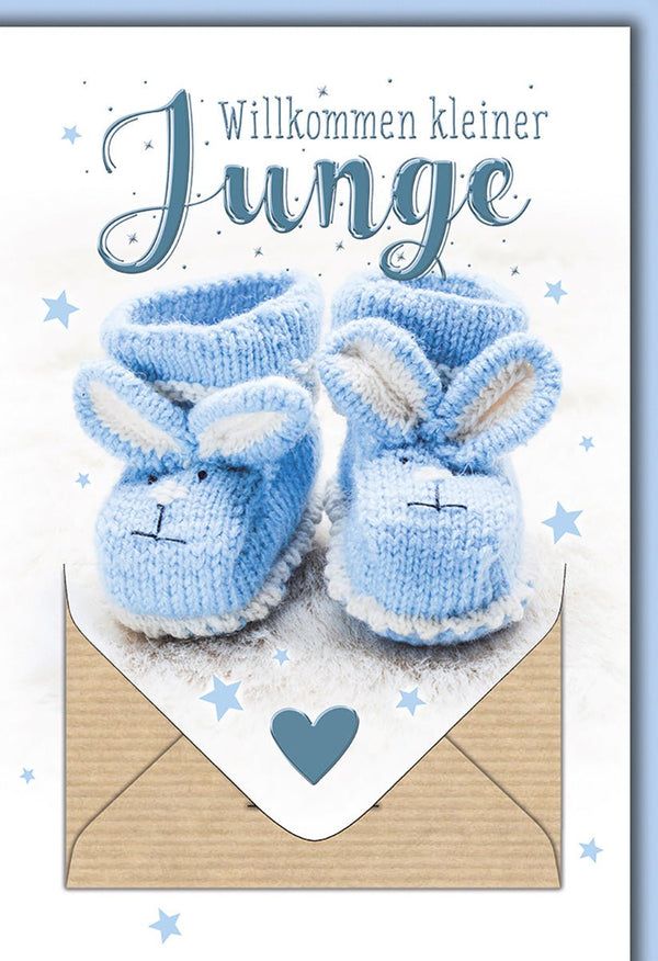 Geburtskarte Junge – Blaue Strickschuhe mit Sternen und Herz im Vintage-Stil