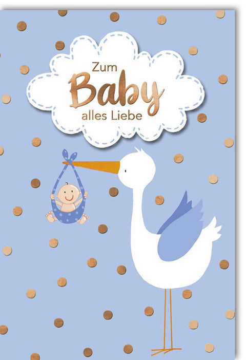 Geburtskarte Junge - Charmante Glückwunschkarte mit Storch - Motiv, Himmelblaues Design für Neugeborene und Babyshower