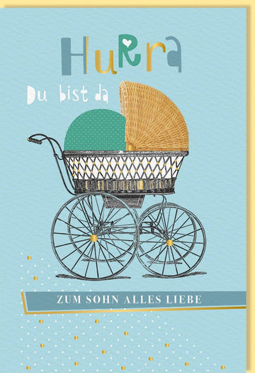 Geburtskarte Junge: Edle Karte mit Kinderwagen - Motiv, Naturkarton & Goldfolie - Babygruß in Hellblau für Eltern und Freunde