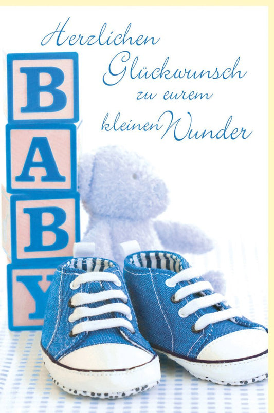 Geburtskarte Junge - Elegante Glückwunschkarte in Hellblau mit Babyschuhen, Perfekt für Babyshower und Neugeborenen Willkommensgruß