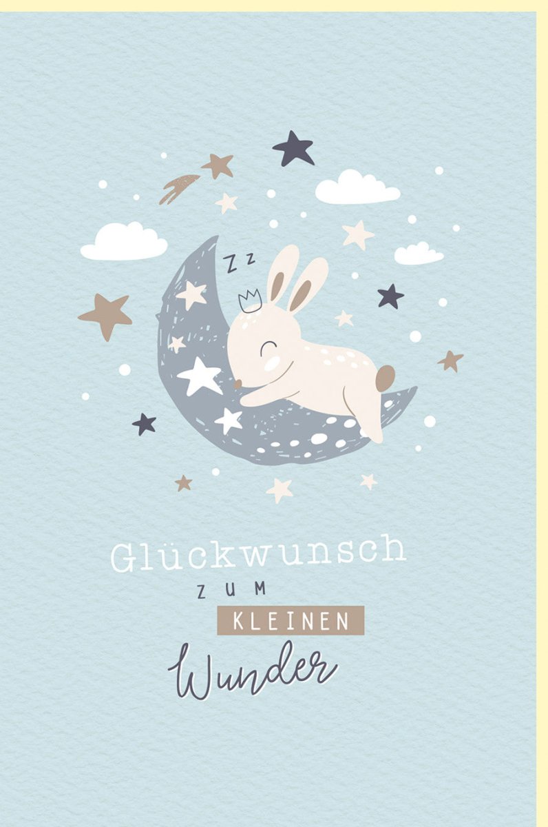 Geburtskarte Junge - Glückwunschkarte mit Hase, Mond & Sternen auf Naturkarton, Hellblau für Neugeborene und Eltern