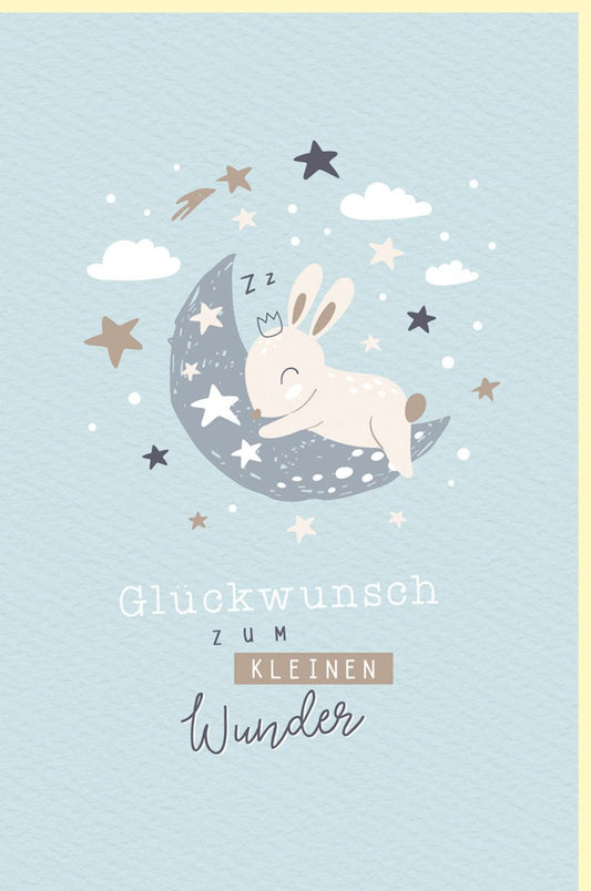 Geburtskarte Junge - Glückwunschkarte mit Hase, Mond & Sternen auf Naturkarton, Hellblau für Neugeborene und Eltern