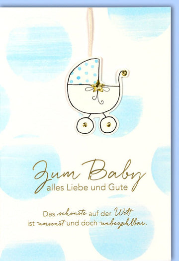 Geburtskarte Junge - Glückwunschkarte mit Kinderwagen - Motiv, Hellblaue Karte zur Geburt, Babyshower Gruß für Neugeborenes