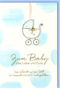 Geburtskarte Junge - Glückwunschkarte mit Kinderwagen-Motiv, Hellblaue Karte zur Geburt, Babyshower Gruß für Neugeborenes