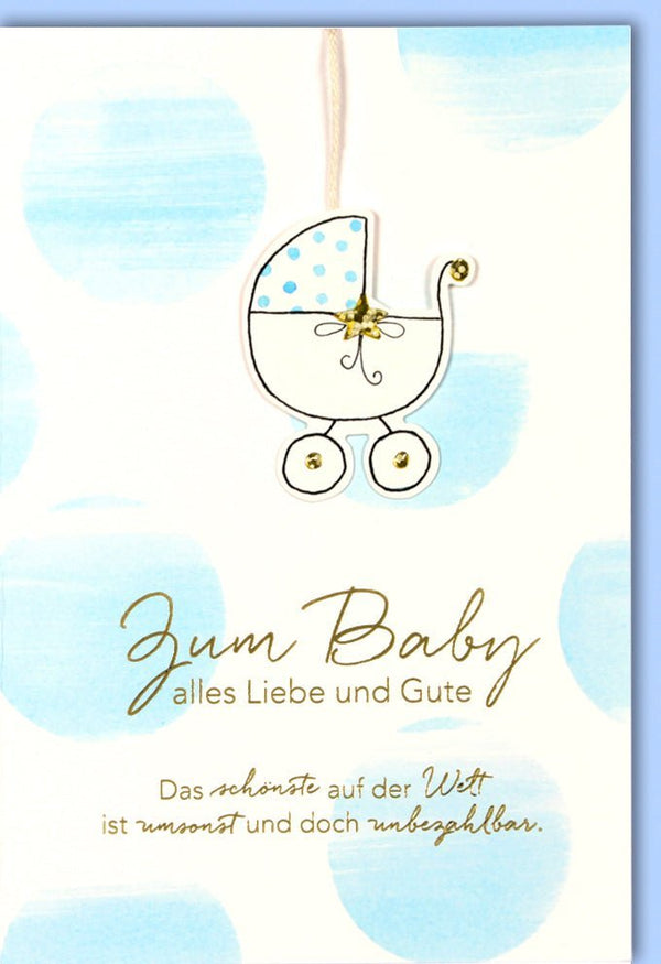 Geburtskarte Junge - Glückwunschkarte mit Kinderwagen-Motiv, Hellblaue Karte zur Geburt, Babyshower Gruß für Neugeborenes