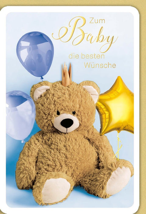 Geburtskarte Junge - Glückwunschkarte mit Teddy, Krone & Ballon in Blau/Gold für Babyglückwünsche