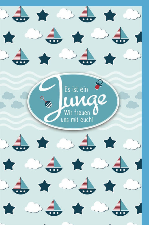 Geburtskarte Junge - Hellblaue Babykarte mit Wolken & Segelbooten zur Geburt eines Neugeborenen