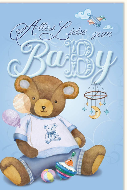 Geburtskarte Junge - Hellblaue Glückwunschkarte mit Teddybär & Storch, Babyshower Grußkarte für Neugeborenes mit Spielzeug - und Schnuller - Motiven