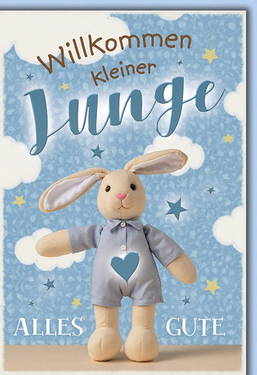 Geburtskarte Junge – Kuschelhase mit Herz und Wolken in sanften Blautönen