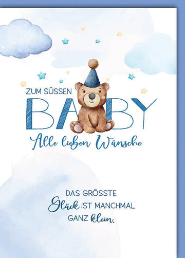 Geburtskarte Junge – Niedlicher Bär mit Partyhut und Wolken in Aquarelloptik