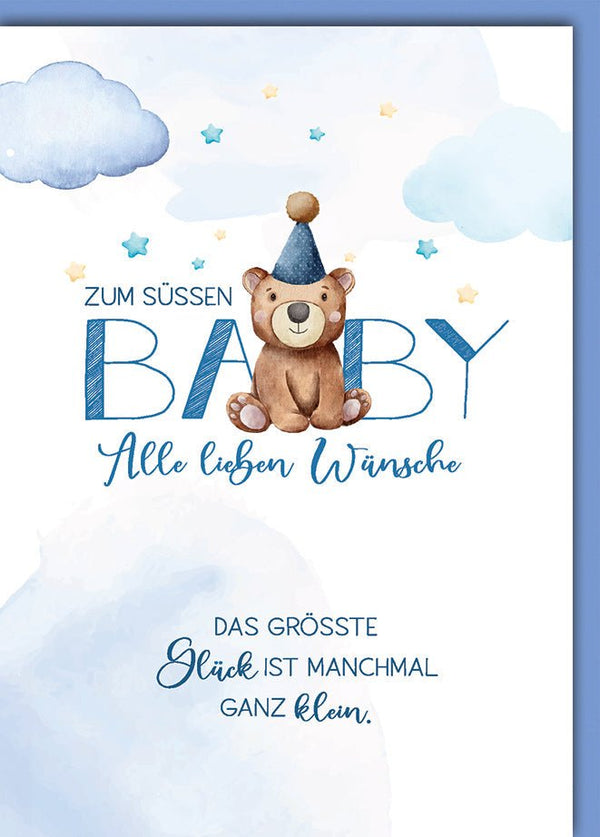 Geburtskarte Junge – Niedlicher Bär mit Partyhut und Wolken in Aquarelloptik