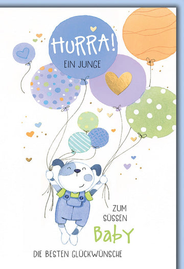Geburtskarte Junge – Niedlicher Hund mit bunten Ballons und Herz - Details in Aquarell