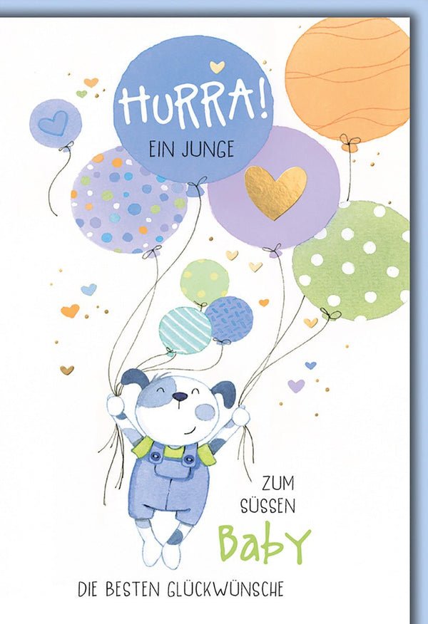 Geburtskarte Junge – Niedlicher Hund mit bunten Ballons und Herz-Details in Aquarell