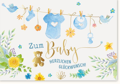 Geburtskarte Junge - Premium Glückwunsch zur Geburt mit Tiermotiv, Blau Babyshower Karte für Neugeborene Jungen