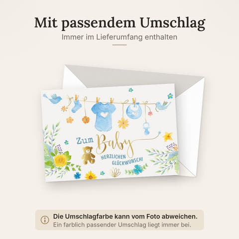 Geburtskarte Junge - Premium Glückwunsch zur Geburt mit Tiermotiv, Blau Babyshower Karte für Neugeborene Jungen