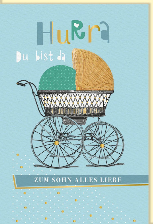 Geburtskarte Junge: Willkommen kleiner Schatz! Babykarte in Hellblau mit Gold für Neugeborene, perfekt für Babyshower & Gratulationen