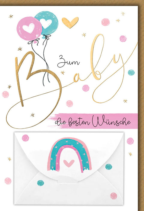 Geburtskarte Mädchen – Bunte Ballons und Regenbogen mit Herz - Details in Pastellfarben