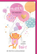Geburtskarte Mädchen – Fröhliche Katze mit bunten Ballons und Herz-Design