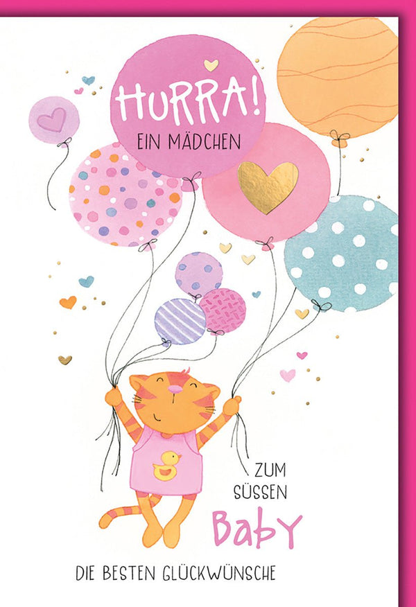 Geburtskarte Mädchen – Fröhliche Katze mit bunten Ballons und Herz-Design