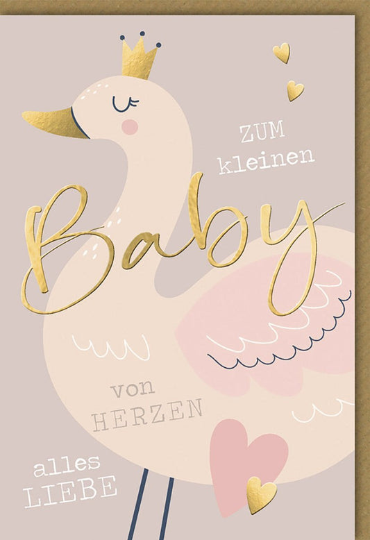Geburtskarte Mädchen - Glückwunschkarte mit Storch & Krone, Rosa Gold Pastell, Babykarte für Eltern und Großeltern, Willkommen Neugeborene