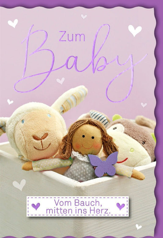 Geburtskarte Mädchen - Herzliche Glückwünsche mit Stofftier - Design, ideales Babygeschenk zur Geburt