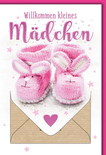 Geburtskarte Mädchen – Rosa Babyschuhe mit Herz und Sternen auf Kuscheldecke