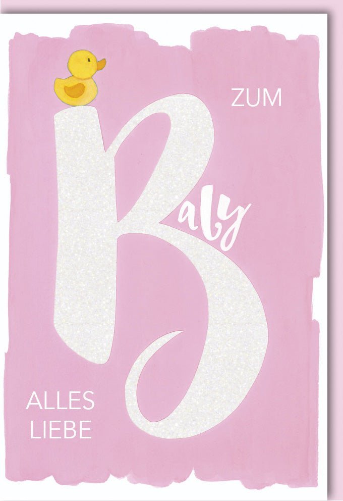 Geburtskarte Mädchen: Rosa Glitzer - Ente auf Naturkarton, Herzlicher Gruß zur Geburt, Perfekt als Babyshower - Geschenk oder Dekoration