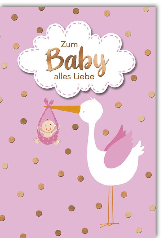 Geburtskarte Mädchen - Rosa Storch - Motiv, Liebevolle Glückwünsche zur Geburt eines Babys