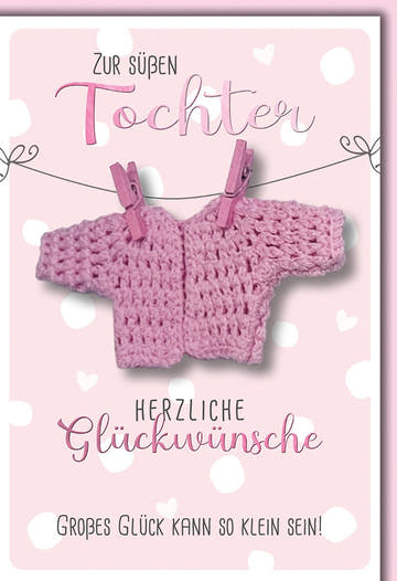 Geburtskarte Mädchen – Rosa Strickjacke mit Wäscheklammern und Herzmotiven