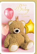 Geburtskarte Mädchen - Rosa/Gold Glückwunschkarte mit Teddybär & Ballons für Neugeborene, Ideal für Babyshower & Gratulation