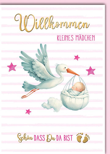 Geburtskarte Mädchen – Storch mit Baby und rosa Streifen im niedlichen Design