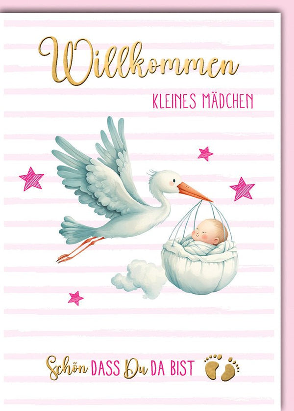 Geburtskarte Mädchen – Storch mit Baby und rosa Streifen im niedlichen Design