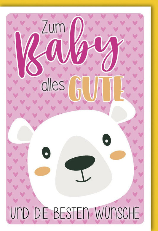 Geburtskarte Mädchen - Süße Glückwunschkarte mit Bärengesicht & Rosa Herzen für Neugeborene, Ideal zur Babyshower & Babyparty