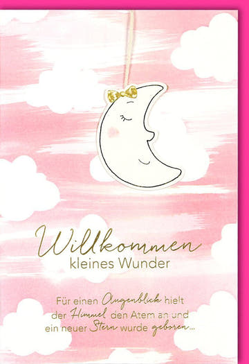 Geburtskarte Mädchen - "Willkommen kleines Wunder" mit Glitzer, Schleife & Rosa Wolken für Neugeborene
