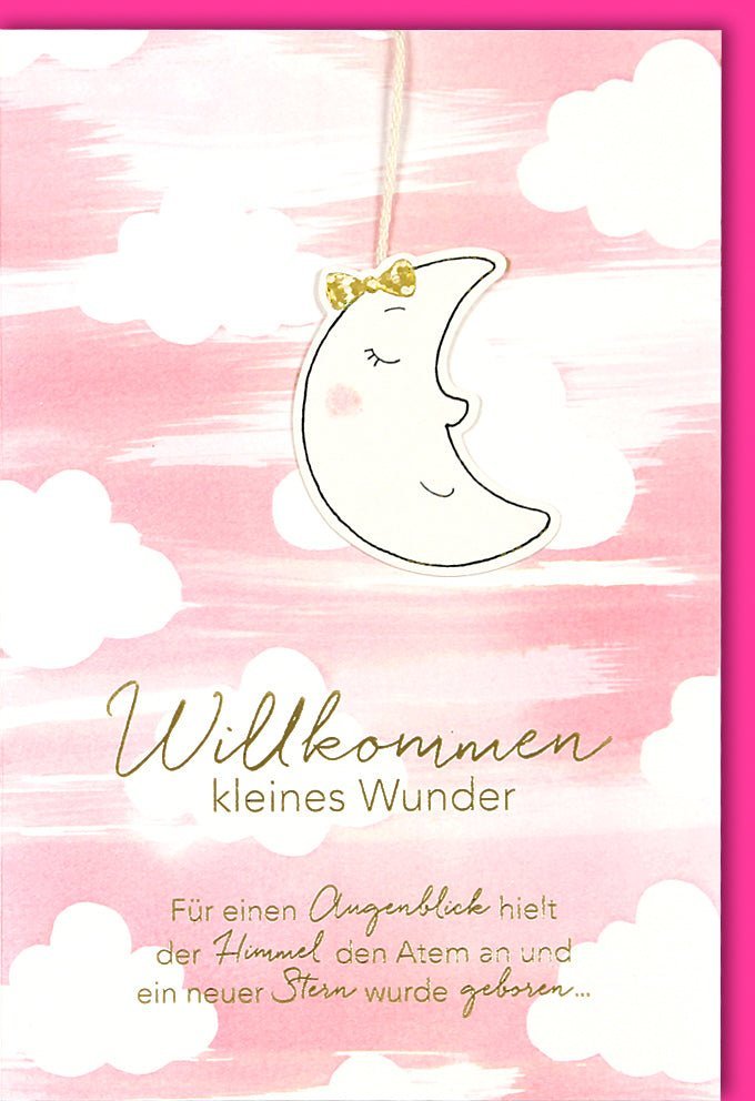 Geburtskarte Mädchen - "Willkommen kleines Wunder" mit Glitzer, Schleife & Rosa Wolken für Neugeborene