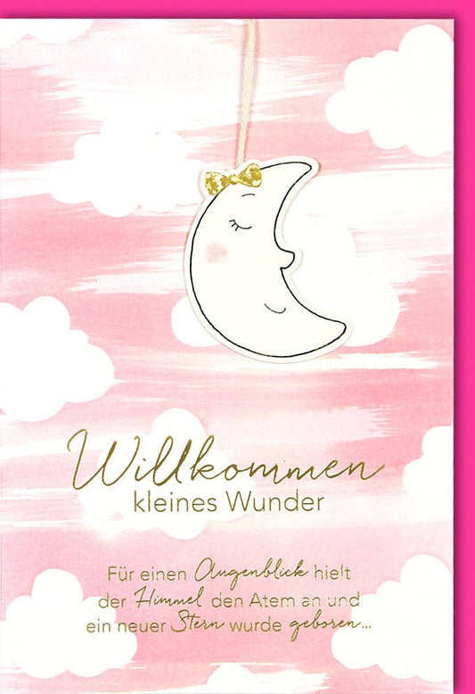 Geburtskarte Mädchen - "Willkommen kleines Wunder" mit Glitzer, Schleife & Rosa Wolken für Neugeborene