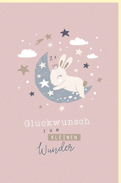 Geburtskarte Mädchen - Zartrosa Glückwunsch mit Schlafhase, Mond & Sterne, Naturkarton für Neugeborene, Süße Babyshower Gratulation
