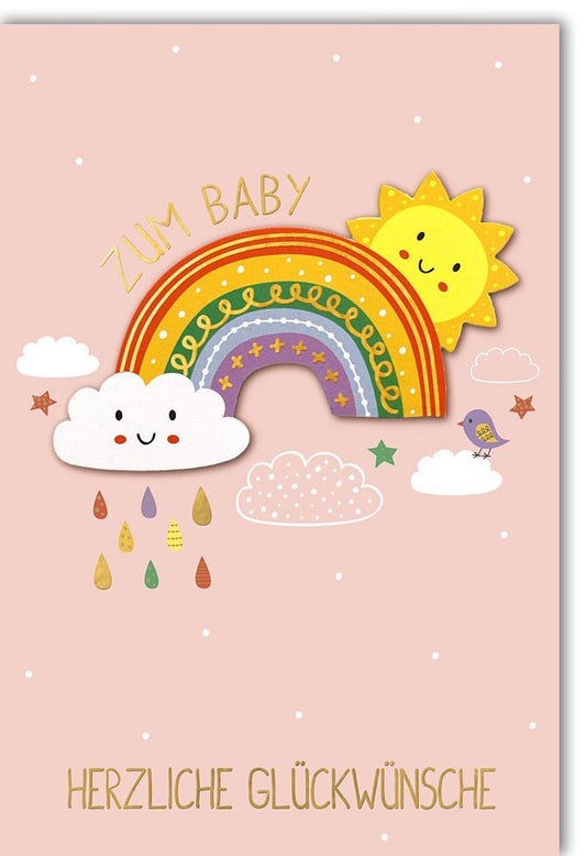Geburtskarte Mädchen - Zauberhafte Babykarte mit Regenbogen, Sonne & Wolke in Rosa für Neugeborene und Babyshower Glückwünsche