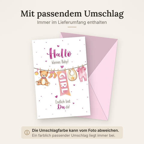 Geburtskarte Mädchen – Teddy und Wäscheleine mit rosa Akzenten und Herzmotiven