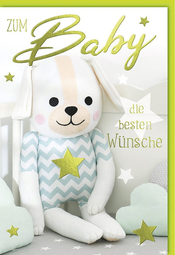 Geburtskarte mit Plüschhund und Sternenmotiv – Sanfte Farben für Babys Willkommen
