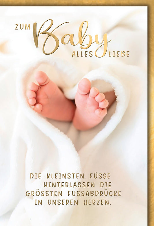 Geburtskarte Neugeborene – Babyfüße im Herz aus Decke mit Goldschrift und Spruch