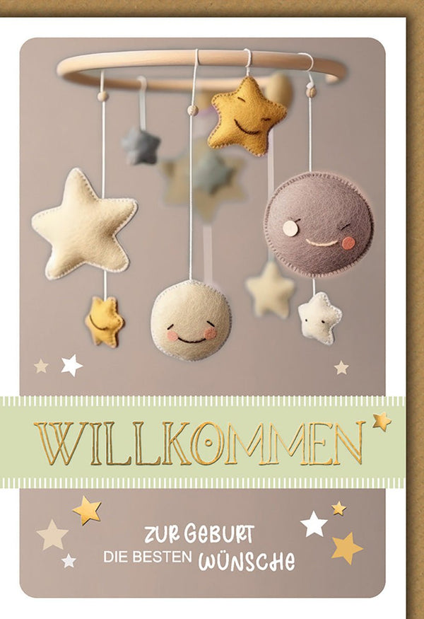 Geburtskarte Neugeborene – Filz-Mobile mit Sternen und Mond in sanften Pastelltönen