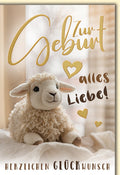 Geburtskarte Neugeborene – Flauschiges Lamm mit Herzmotiven und Goldakzenten