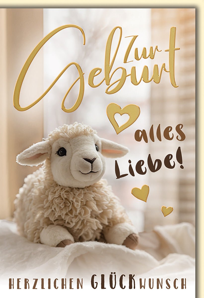 Geburtskarte Neugeborene – Flauschiges Lamm mit Herzmotiven und Goldakzenten