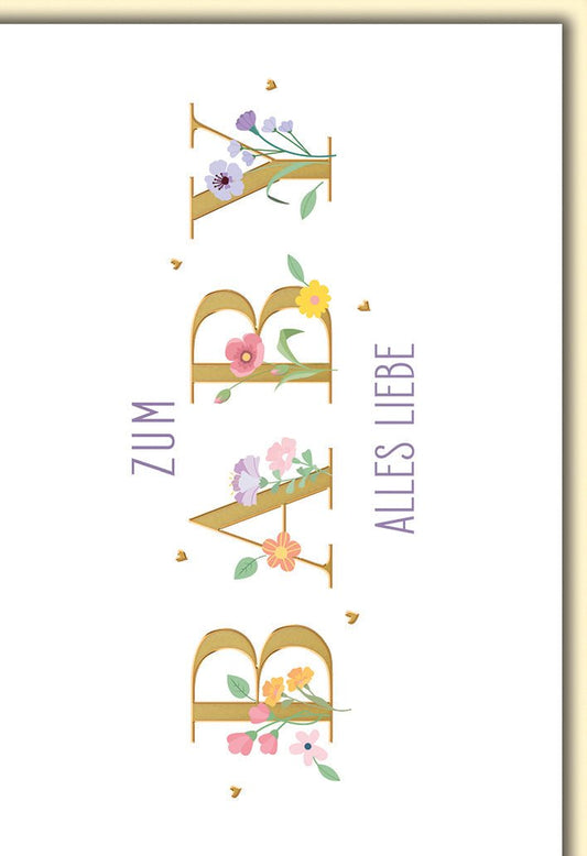 Geburtskarte Neugeborene – Florale Buchstaben mit zarten Blüten und Herzakzenten