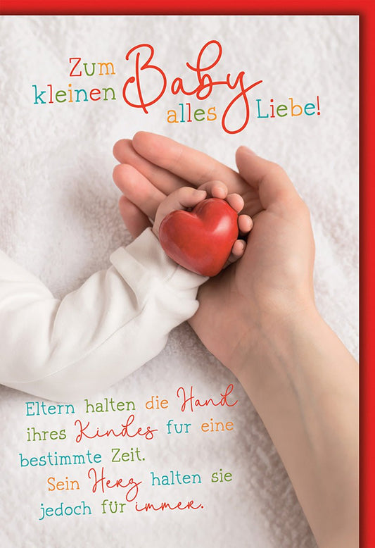 Geburtskarte Neugeborene – Hand mit Herz in Rot und liebevollem Spruch