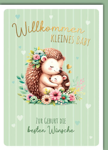 Geburtskarte Neugeborene – Igel mit Blumen und Herzchen auf Pastellgrünem Hintergrund