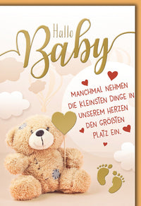 Geburtskarte Neugeborene – Plüschbär mit Herz und liebevollem Spruch in Goldtönen
