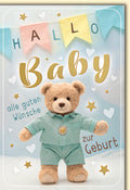 Geburtskarte Neugeborene – Teddybär mit Herzanhänger und bunten Wimpeln